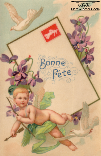 Carte ancienne pour souhaiter une fête avec un cupidon