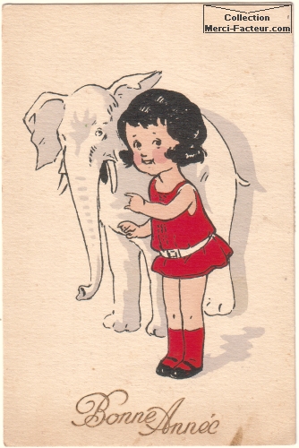 Une carte avec un dessin d'elephant et une petite fille