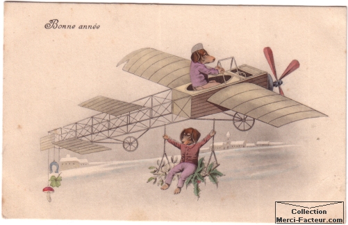 Carte postale ancienne en dessin de deux chiens avec un avion