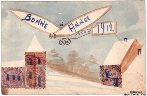 Carte de voeux ancienne avec un aéroplane dessiné à l'aquarelle