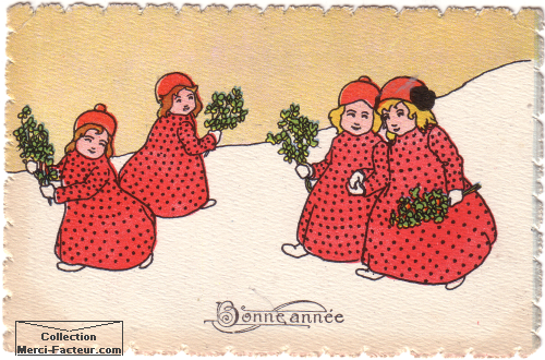 carte postale ancienne de voeux avec quatre petites filles en robe rouge