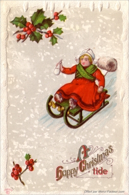 carte pour la fête de Noel avec Houx et enfants sur une luge