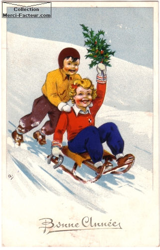 Les enfants font de la luge pour la carte postale ancienne