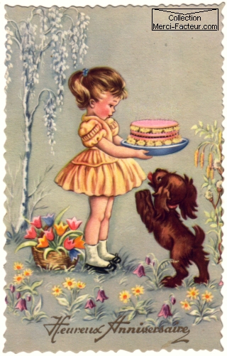 Carte postale ancienne d'anniversaire avec gros gateau rose, petit chien un une petite fille