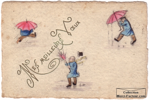 Carte postale ancienne peinte à la main Mes meilleurs voeux avec parapluie