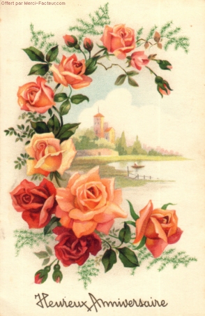 carte postale ancienne roses heureux anniversaire