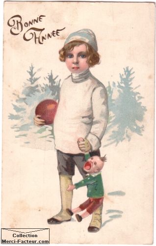 Carte postale ancienne de voeux avec un enfant et sa poupée qui pleure. Bonne année