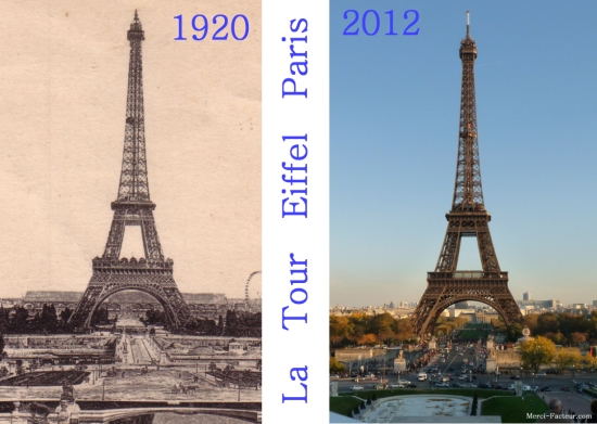 La Tour Eiffel en 1920 et en 2012 sur carte postale de Paris