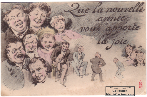 Dessin de carte de voeux ancienne avec rire et caricatures