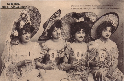 Carte de voeux ancienne 1905 avec quatre jolies jeunes femmes