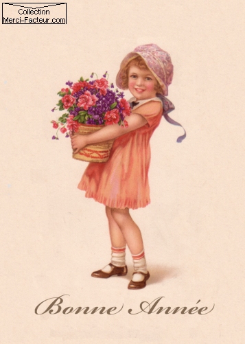 carte postale ancienne avec ravissante petite fille avec une gerbe de fleurs