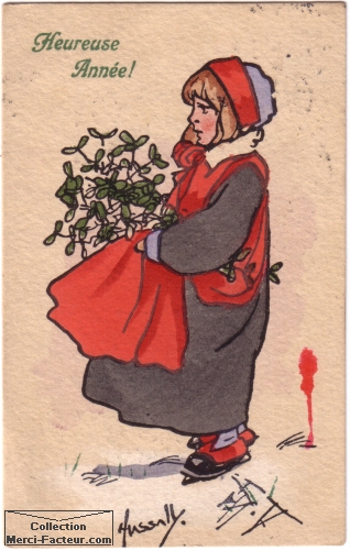 carte de voeux avec un dessin au petit chaperon rouge avec du houx