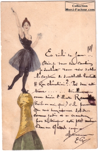 Une danseuse sur une bouteille de champagne pour souhaiter bonne année. Dessin façon Toulouse Lautrec