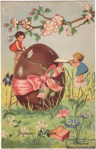 Dessin de paques sur carte postale ancienne avec un gros oeuf en chocolat