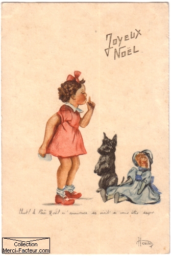 Carte de noel ancienne avec dessin d'une petite fille, un chien et une poupée