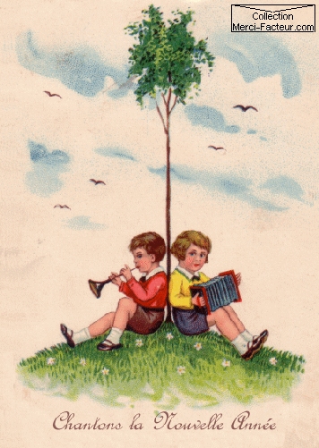 Carte postale de voeux avec Au pied d'un arbre 2 enfants qui jouent de la musique