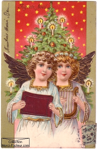 Carte postale ancienne pour Noel avec deux anges sur fond de sapin de Noel