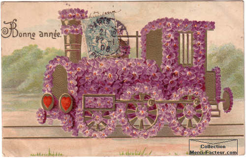 Locomotice fleuri de train pour carte de voeux anciennne