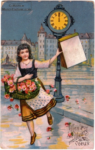 Carte postale avec vendeuse de rose dans la rue, il est minuit, et elle vous souhaite ses meilleurs voeux.