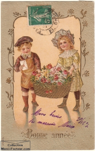 carte de voeux ancienne avec enfants et panier de fleurs