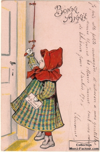 Dessin du petit chaperon rouge tirant la chevillette sur cette jolie carte de voeux ancienne