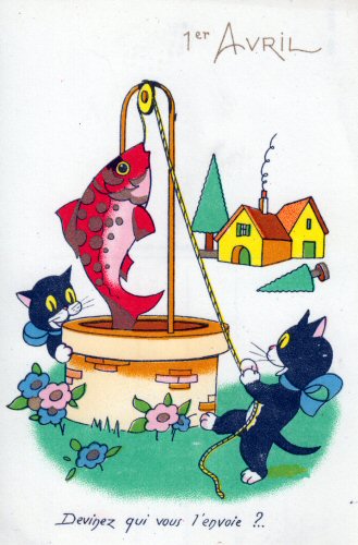 carte postale ancienne de chat et de poisson du 1er Avril