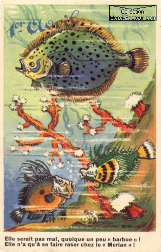 Carte postale ancienne du 1er Avril avec poissons humour