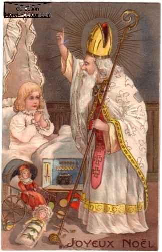 Saint Nicolas sur carte postale ancienne pour Noel