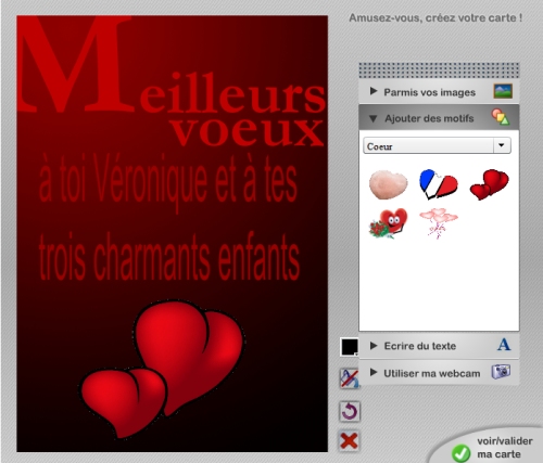 Vue du module de personnalisation pour un coeur sur carte voeux