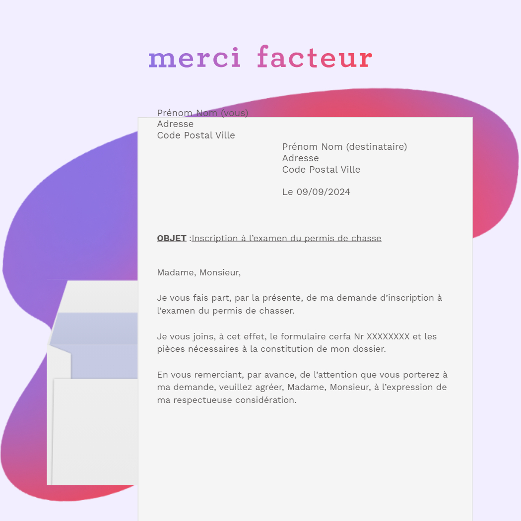 lettre d'inscription à l'examen du permis de chasse