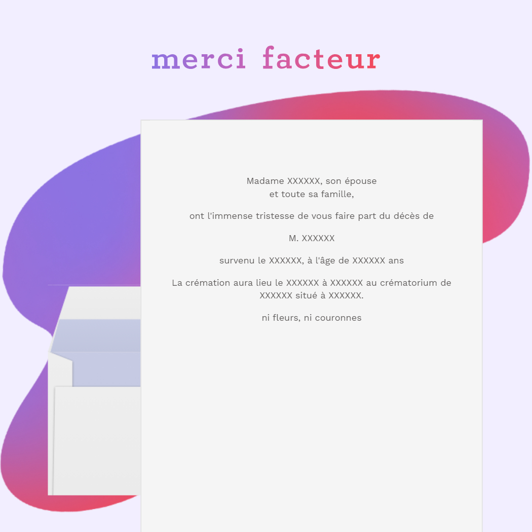 lettre de faire-part de décès avec crématorium sans fleurs