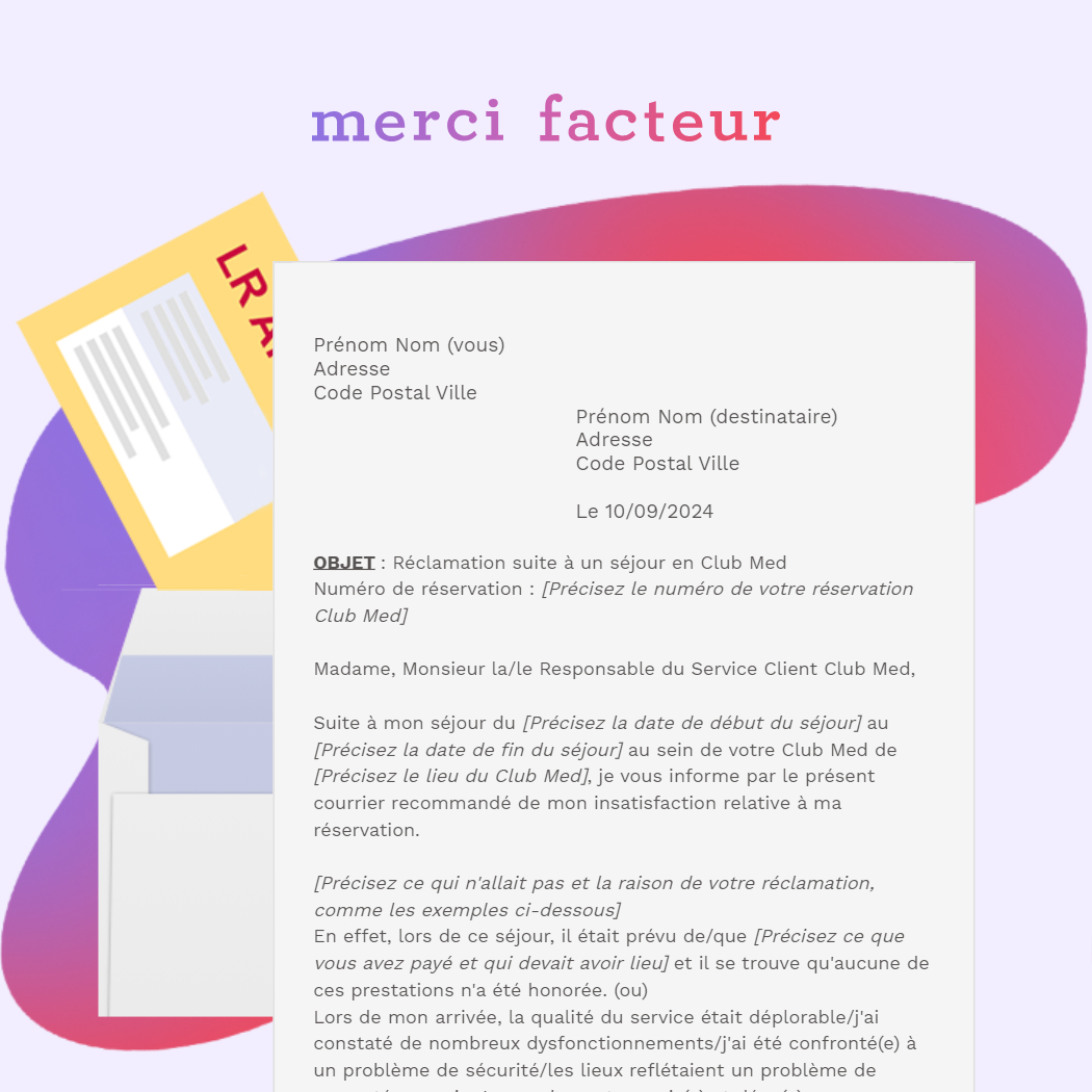 lettre de réclamation Club Med en LRAR