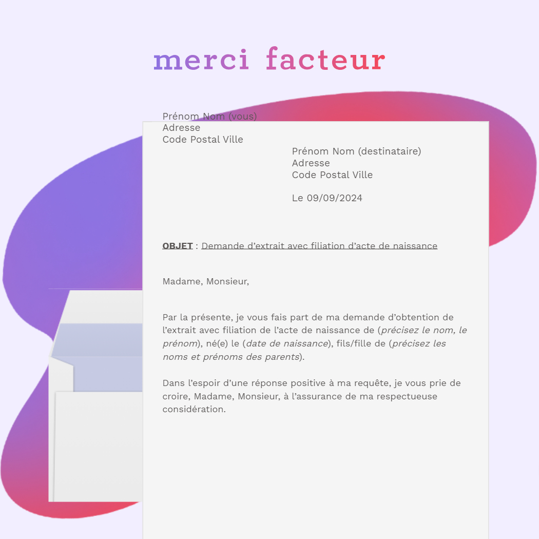 lettre de demande d'extrait avec filiation d'acte de naissance