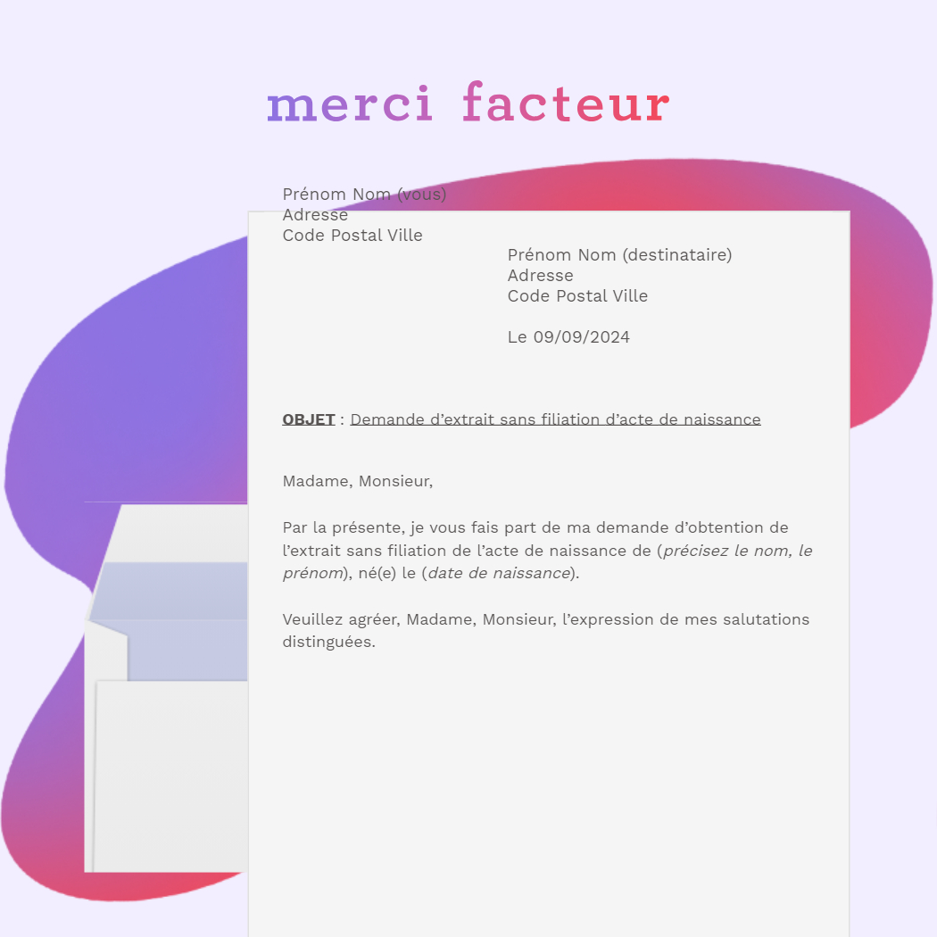 lettre de demande d'extrait sans filiation d'acte de naissance