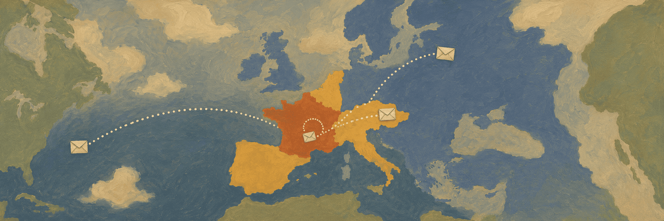 Carte montrant la France, les pays voisins et le reste du monde, avec les trajets du courrier