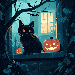 carte Chat noir mystérieux et citrouilles d'Halloween 