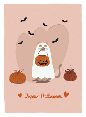 carte Chat fantôme heureux avec sa citrouille 