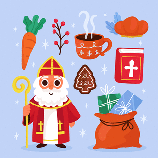 carte Saint Nicolas entouré de cadeaux et douceurs 