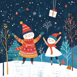 carte Bonhomme de neige et enfant sous la neige 