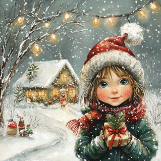 carte Sapin enneigé et enfant souriant pour Noël 