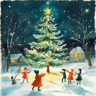 carte Sapin de Noël illuminé par des enfants 