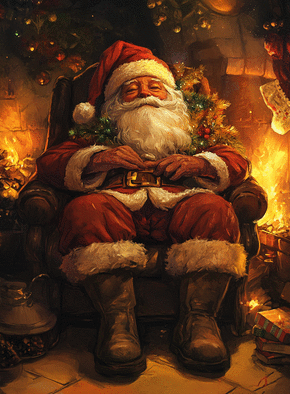 carte Père Noël endormi près du feu chaleureux 