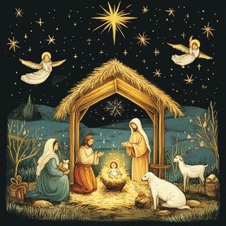 carte Crèche de Noël illuminée sous les étoiles 