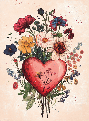 carte C&oelig;ur vibrant d'amour et de fleurs anciennes 