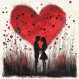 carte Amour entre silhouettes sous un grand c&oelig;ur 