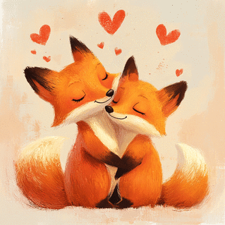 carte Renards amoureux sous un flot de coeurs 