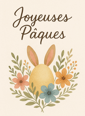 carte Pâques fleuries avec un lapin et des fleurs 