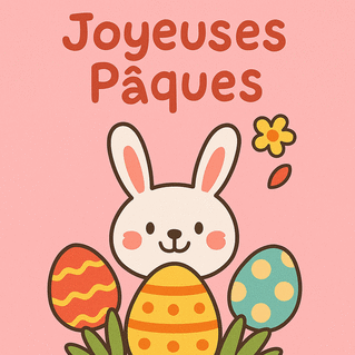 carte Lapin joyeux entouré d'œufs colorés 