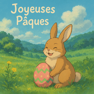 carte Lapin joyeux avec un oeuf coloré 