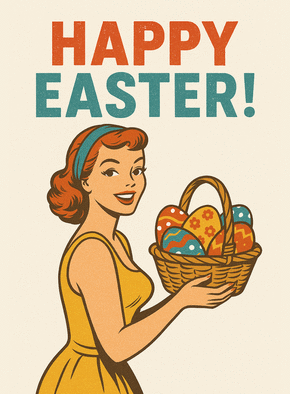 carte Pâques vintage avec femme et panier d'œufs 